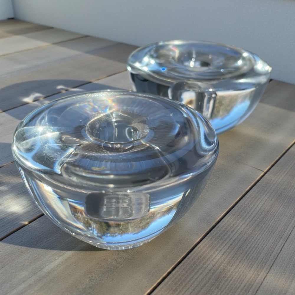 Orrefors crystal candle holders, set of 2, rounded tops, holds a 4 inch candle